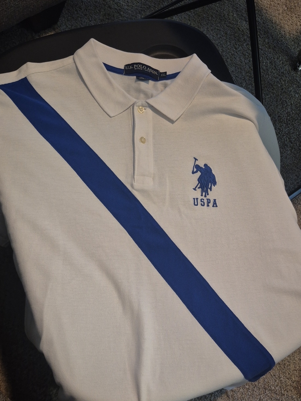 U.S. Polo Assn. White Polo with Blue Diagonal Stripe